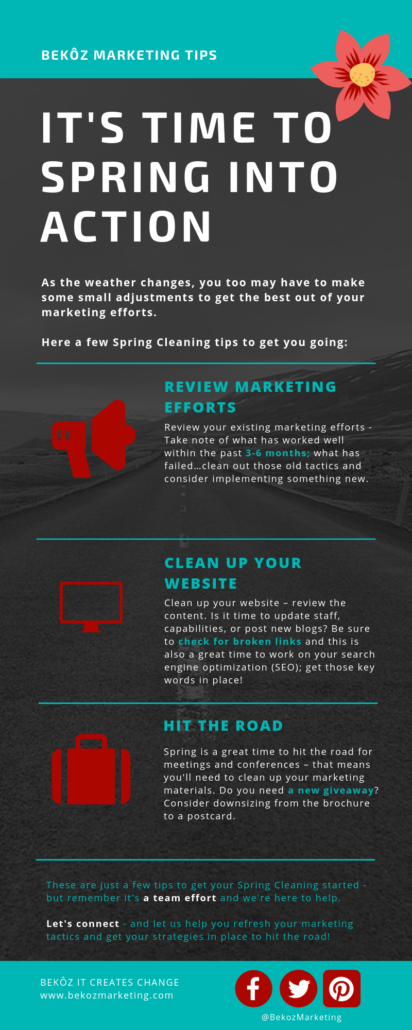 Infographic of spring cleaning marketing tips - review marketing efforts, clean up your website and hit the road